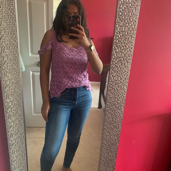 Tops - Purple Juniors Lace Crochet Cold Shoulder Top